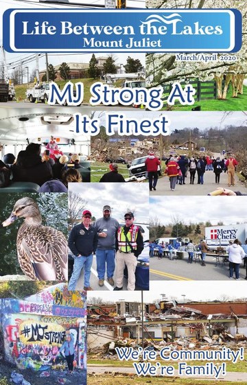 March/April 2020 cover: #MJStrong, a collage of tornado damage, cleanup crews and volunteers in Mt. Juliet